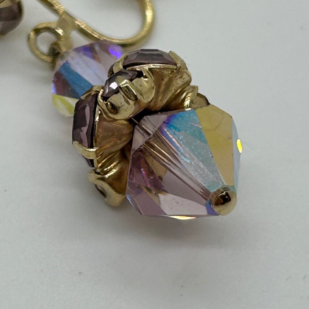 Vintage Aurora Borealis Dangle Earrings Crystal Pink Iridescent Faceted Goldtone - Picture 6 of 15